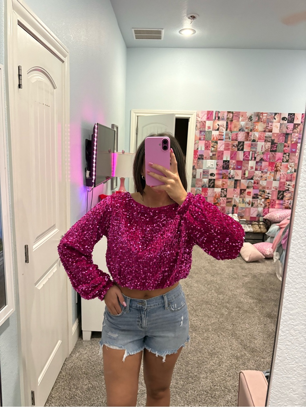 Evolutionary Hot Pink Sequin Long-Sleeve Crop Top - Women Large